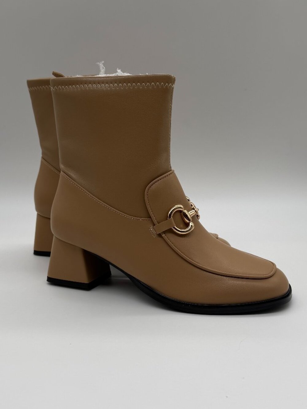 Womens Tan Ankle Boots Gold Horsebit Buckle Block Heel Size 6.5 Zip